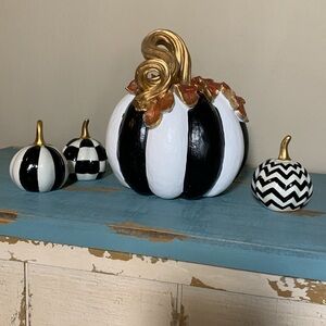 New!! Hand Painted Black and White Striped Pumpkin. Gold Stem/Leaves